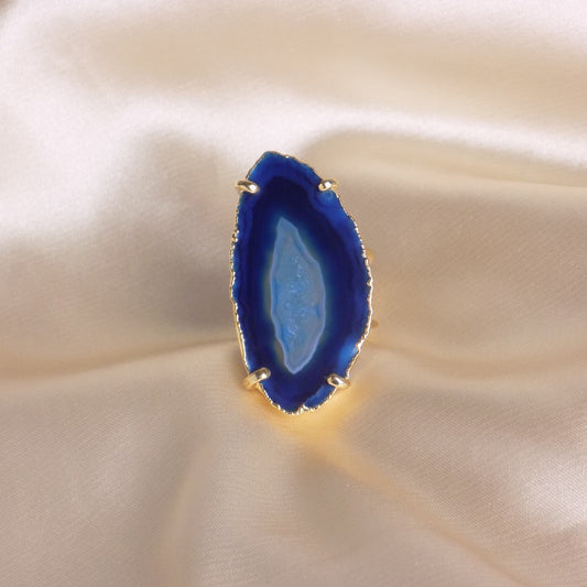 Gifts For Her, Large Blue Agate Slice Natural Gemstone Ring Gold Dipped Adjustable, G15-189