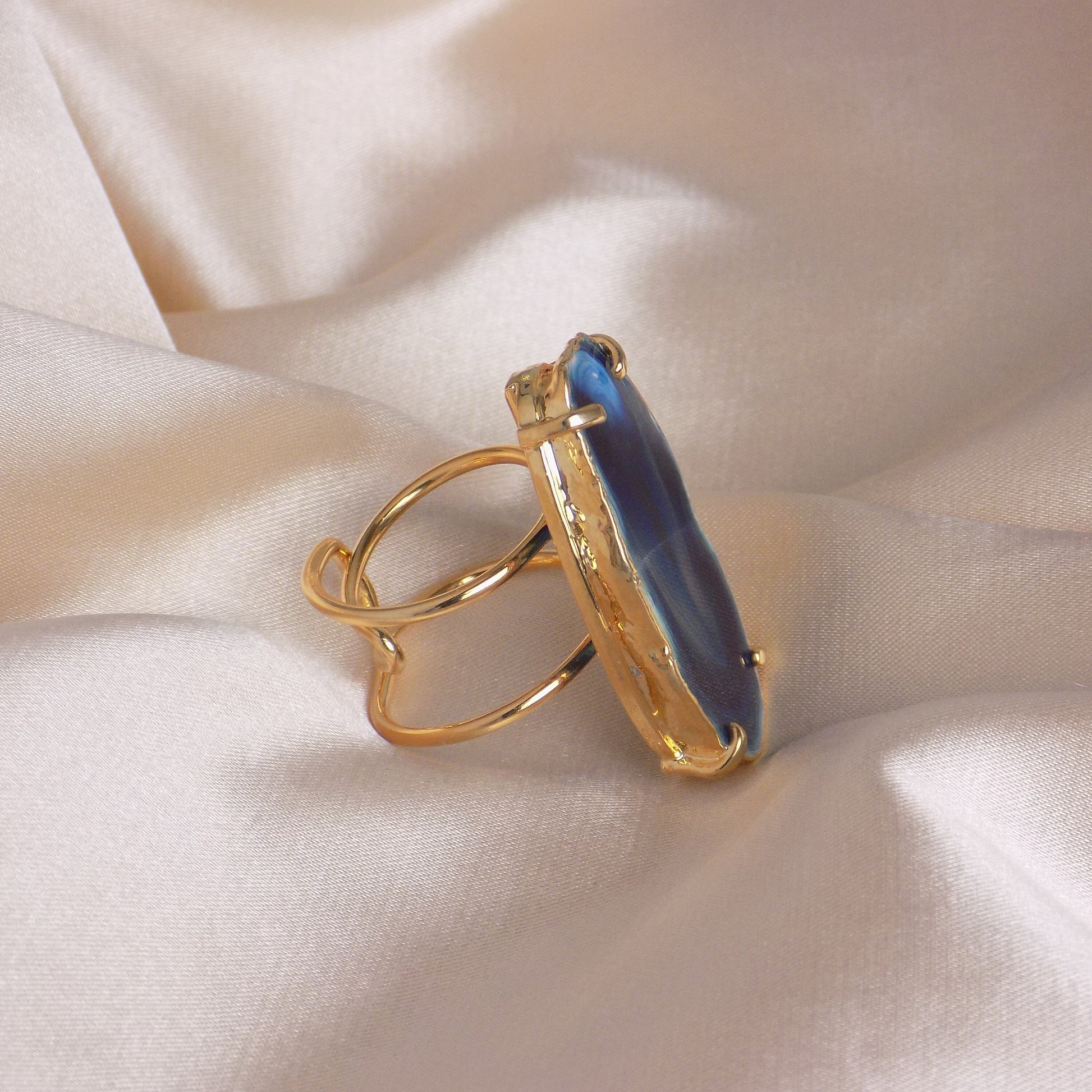 Boho Blue Agate Natural Gemstone Ring - Gold Dipped Adjustable Rings - Christmas Gift Women - G15-229