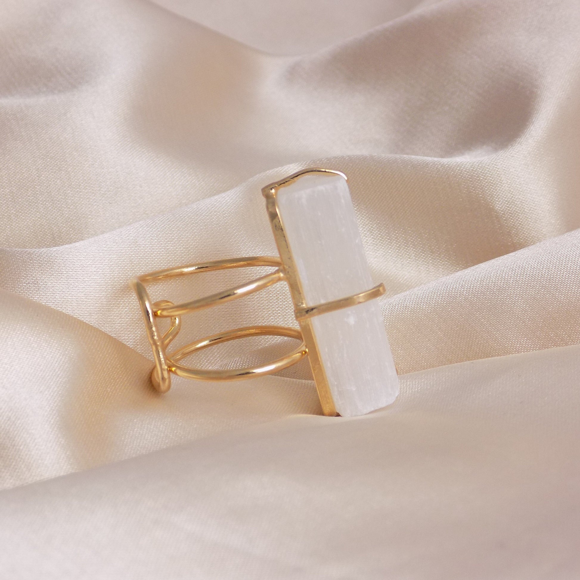 Christmas Gift - White Selenite Ring Gold Adjustable - Raw Crystal Jewelry - G15-242