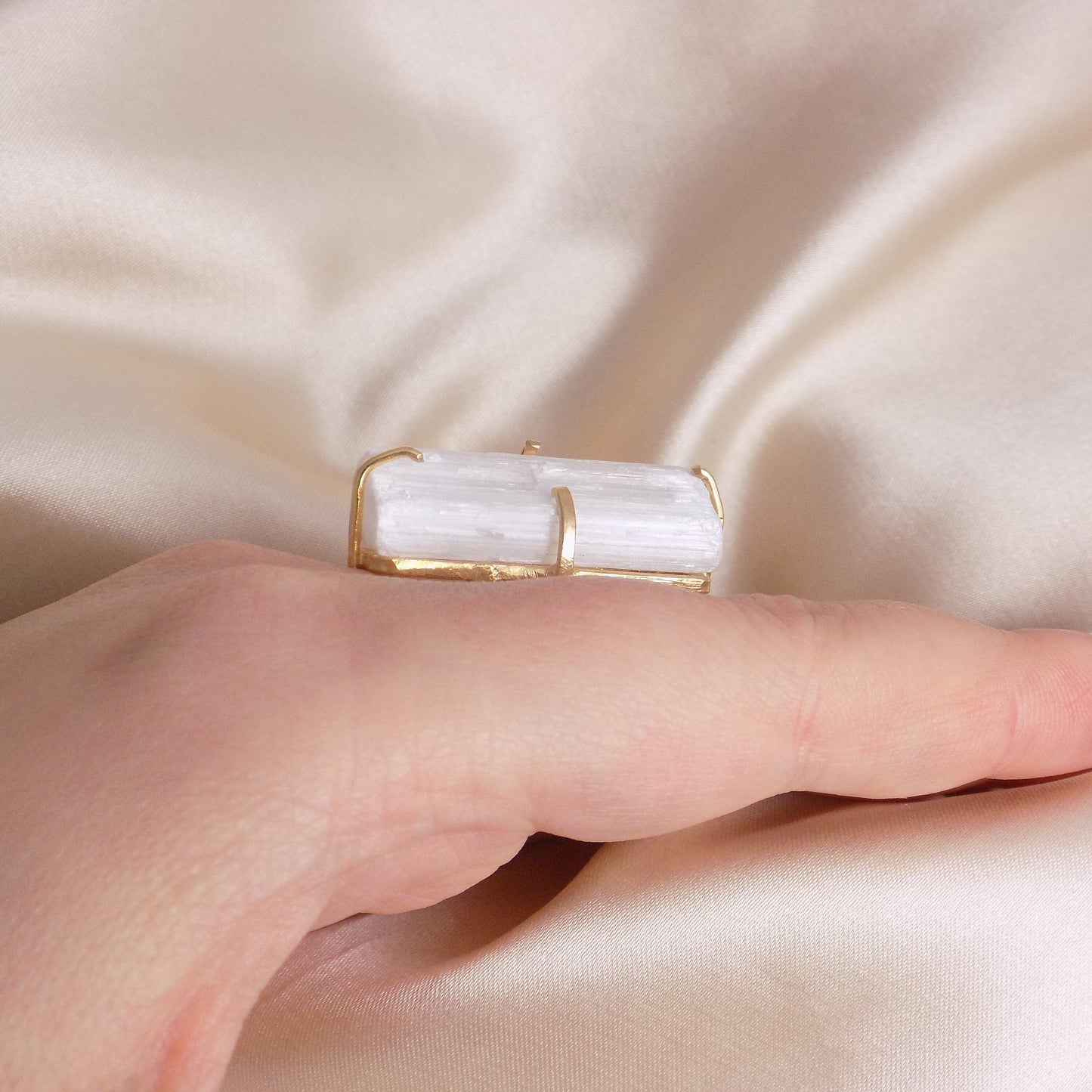 Christmas Gift - White Selenite Ring Gold Adjustable - Raw Crystal Jewelry - G15-242